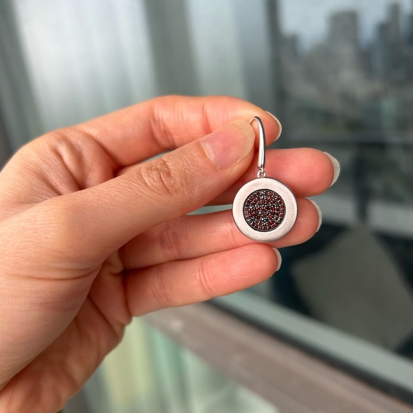 Red diamond and silver disk drop earrings - Picture 3 of 3
